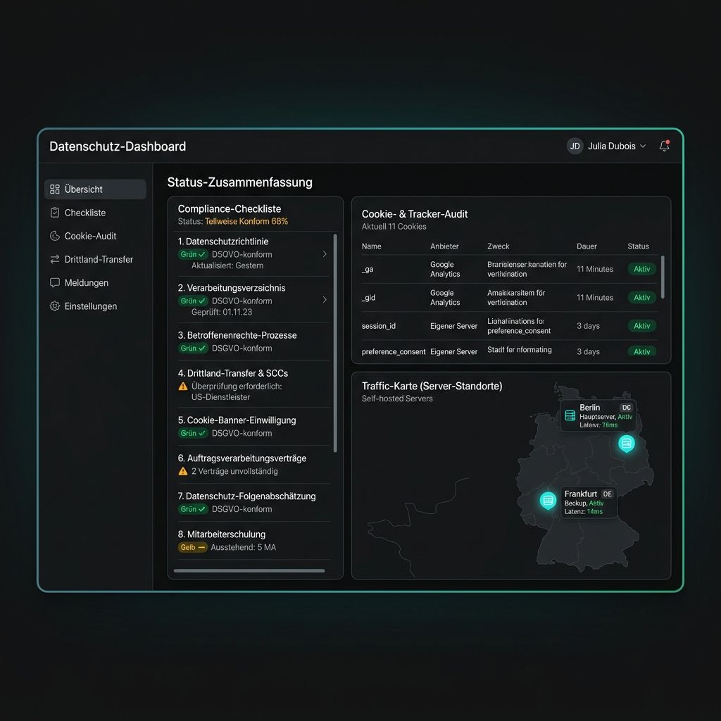 Datenschutz-Dashboard zur Überwachung von DSGVO-Compliance, mit Cookie-Audit und Serverstandorten.