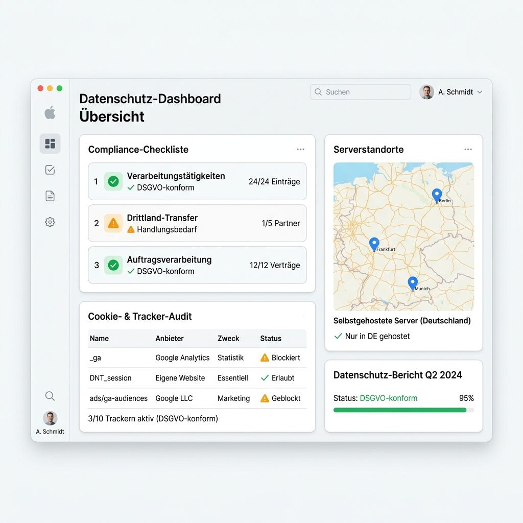 Datenschutz-Dashboard zur Überwachung von DSGVO-Compliance, mit Cookie-Audit und Serverstandorten.