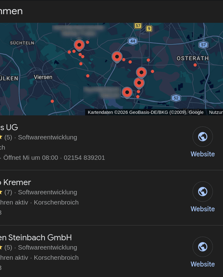 Google Local-Pack: drei Softwareentwicklungs-Betriebe aus Willich in der Kartenansicht.