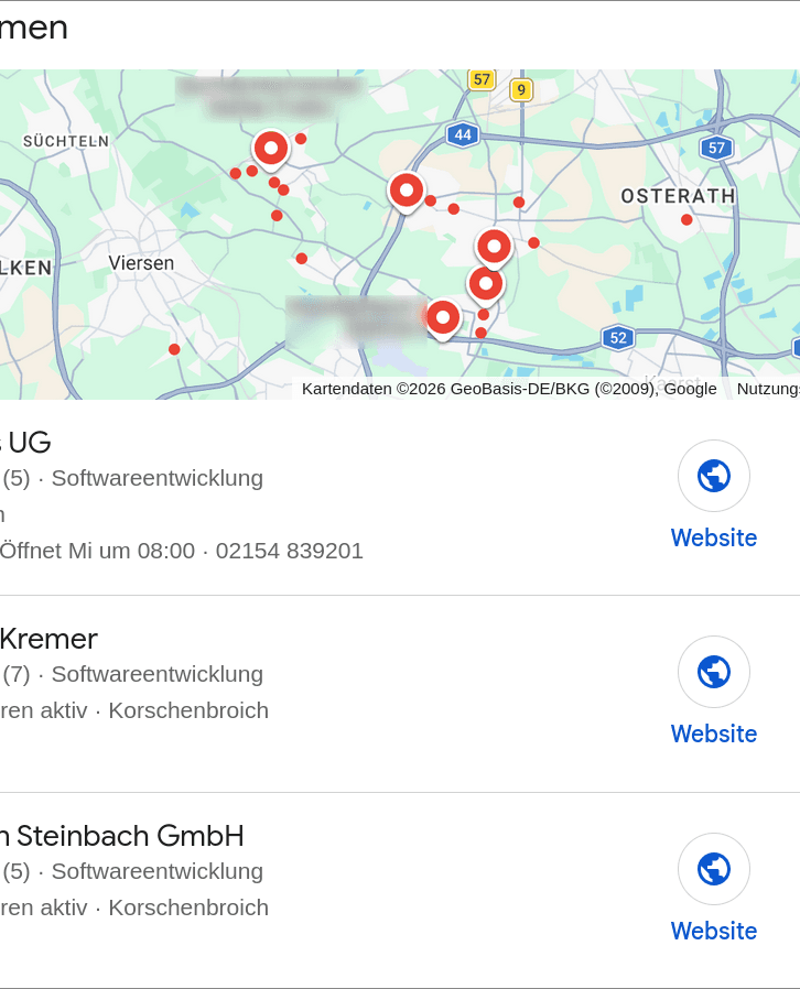 Google Local-Pack: drei Softwareentwicklungs-Betriebe aus Willich in der Kartenansicht.