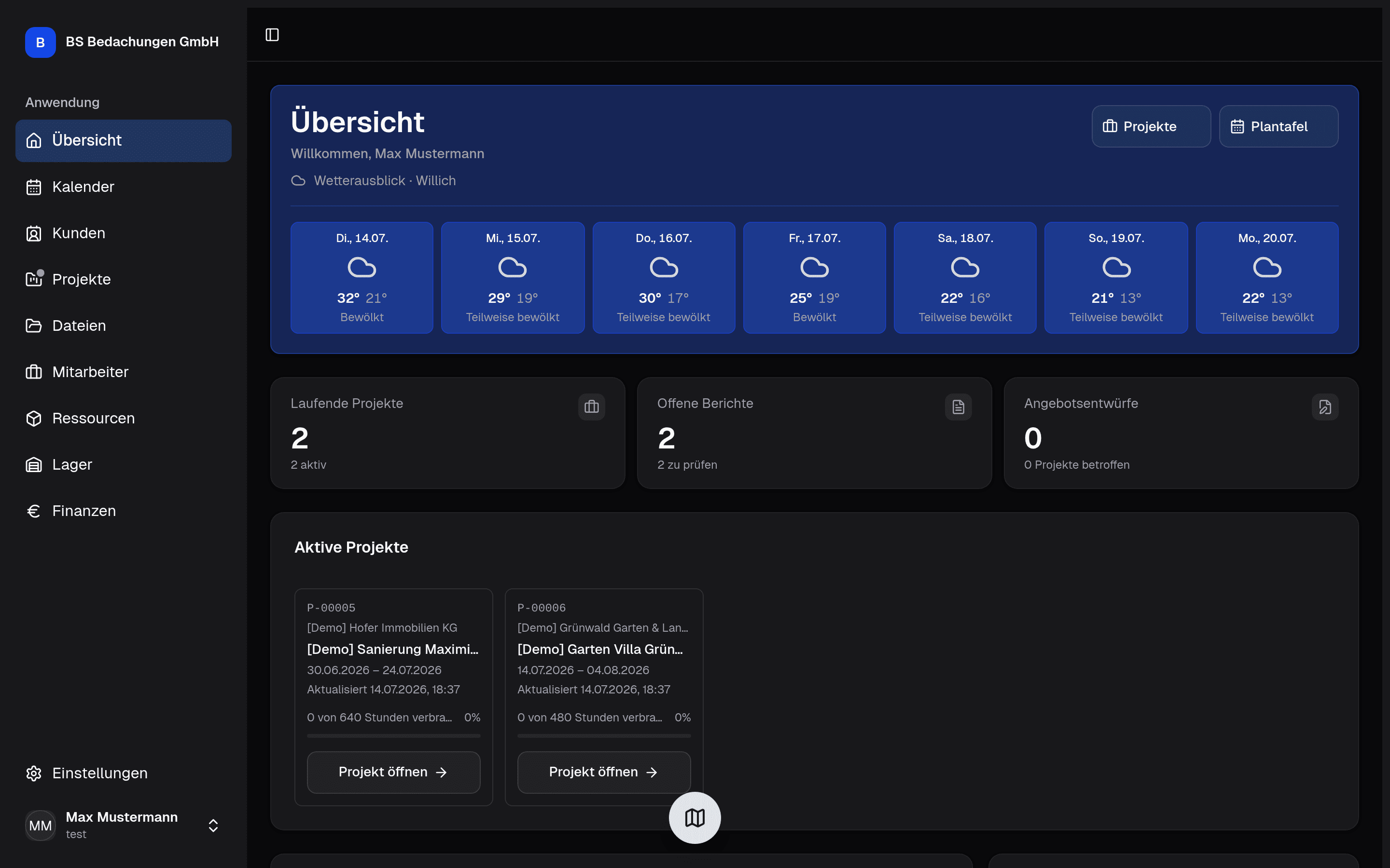 Dashboard der Handwerker-Software: laufende Projekte, offene Berichte und Wetterausblick auf einen Blick.