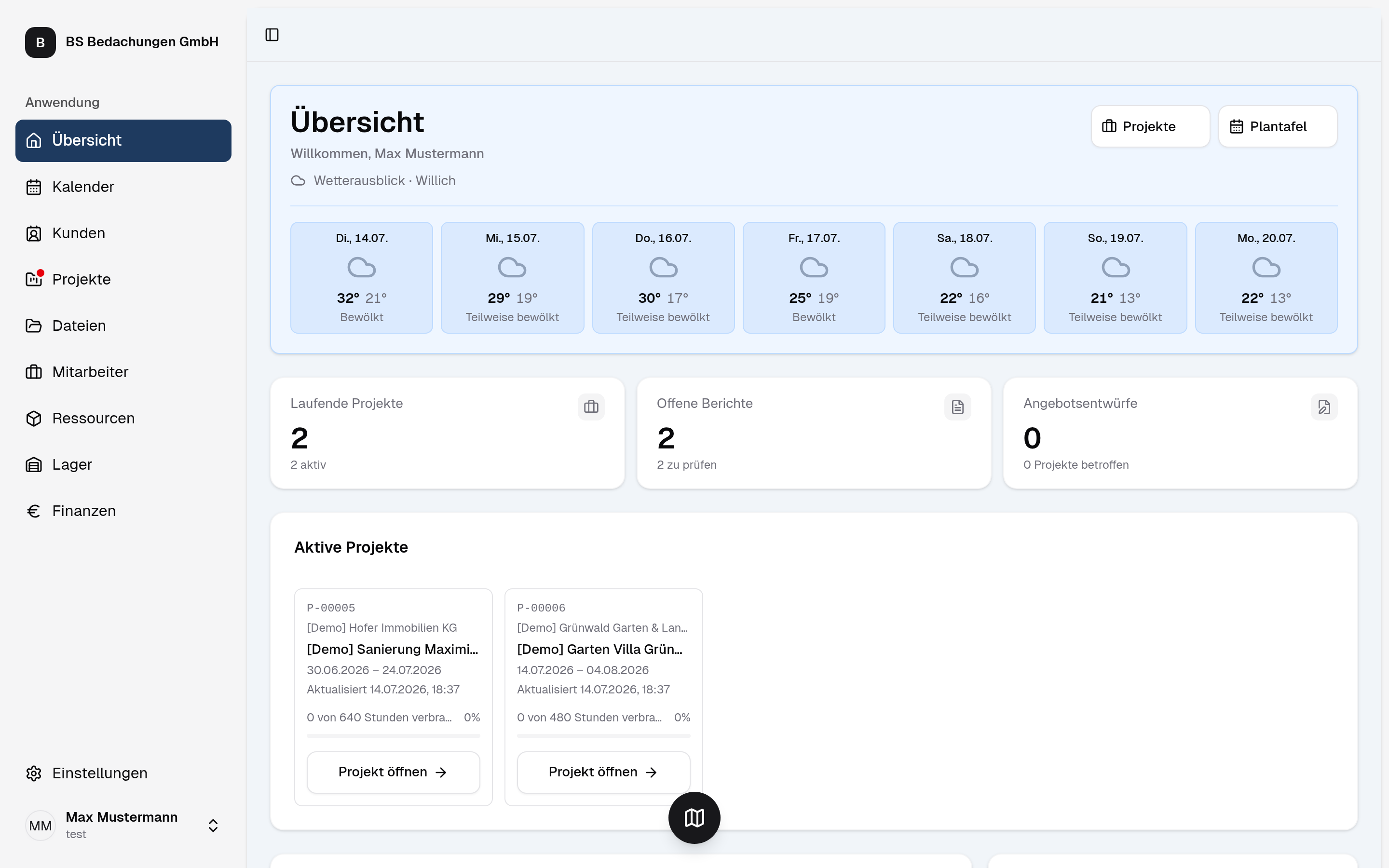 Dashboard der Handwerker-Software: laufende Projekte, offene Berichte und Wetterausblick auf einen Blick.