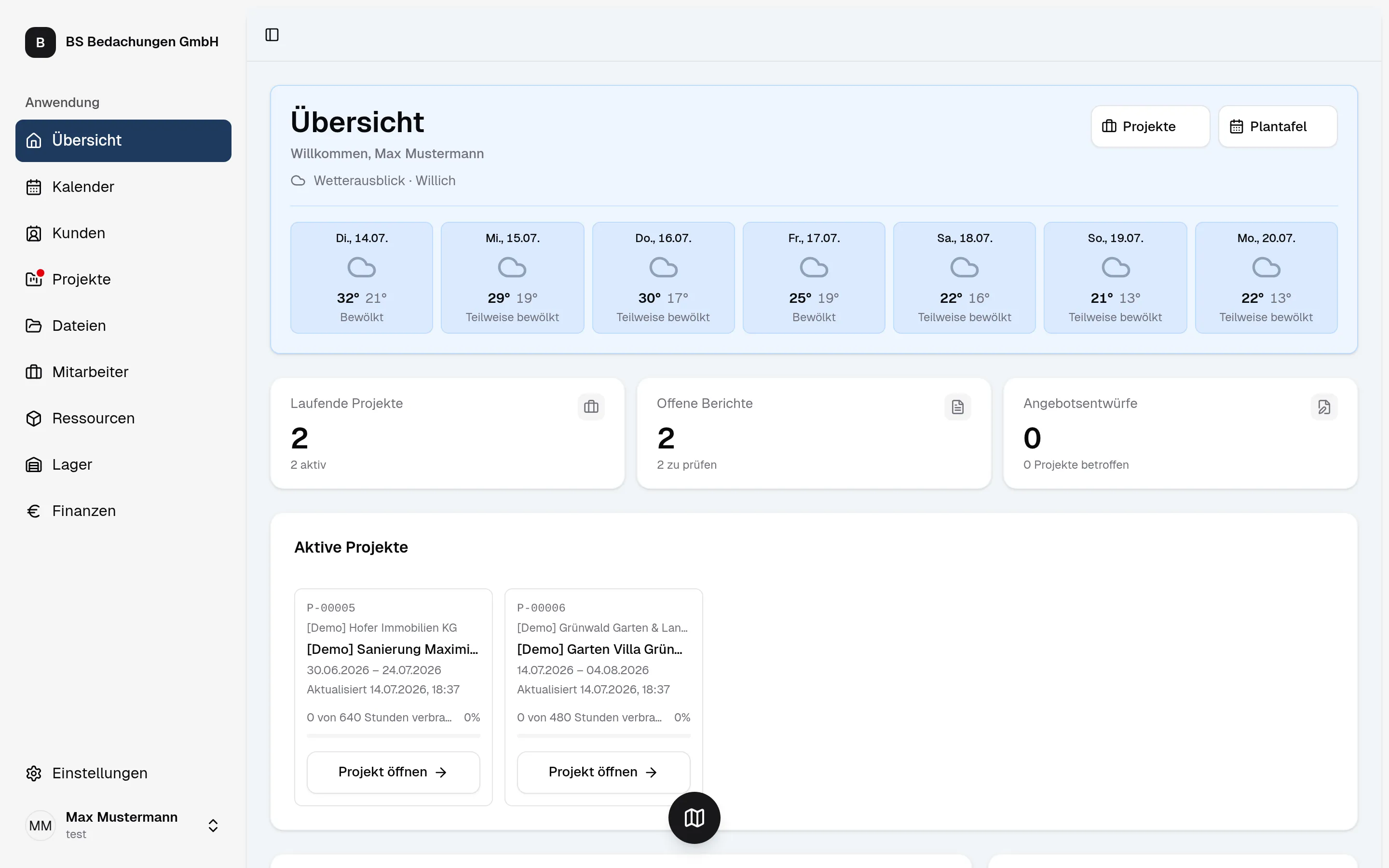 Dashboard der Handwerker-Software: laufende Projekte, offene Berichte und Wetterausblick auf einen Blick.