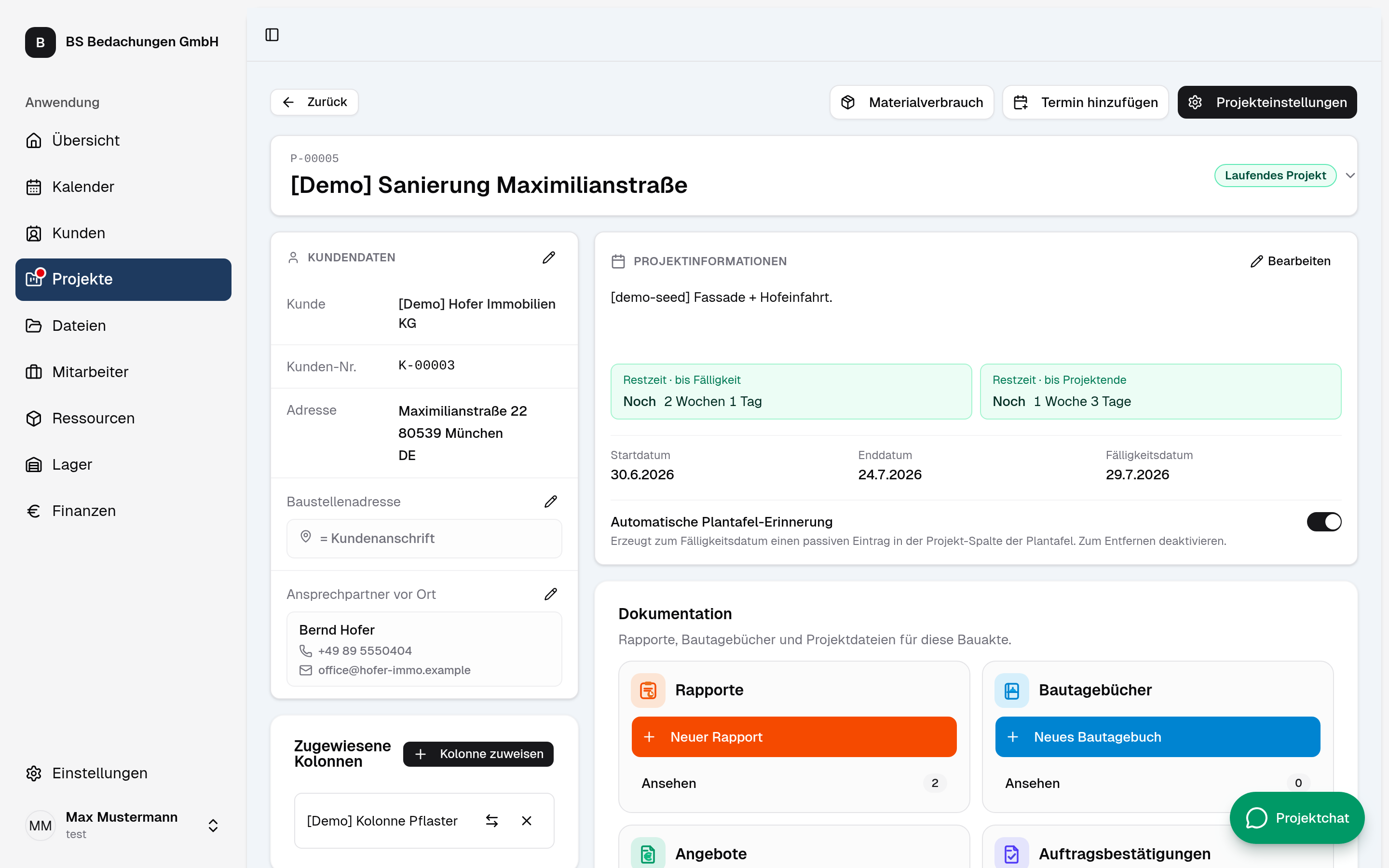 Projektakte mit Kundendaten, Restzeit-Kennzahlen und Dokumentation von Rapport bis Rechnung.