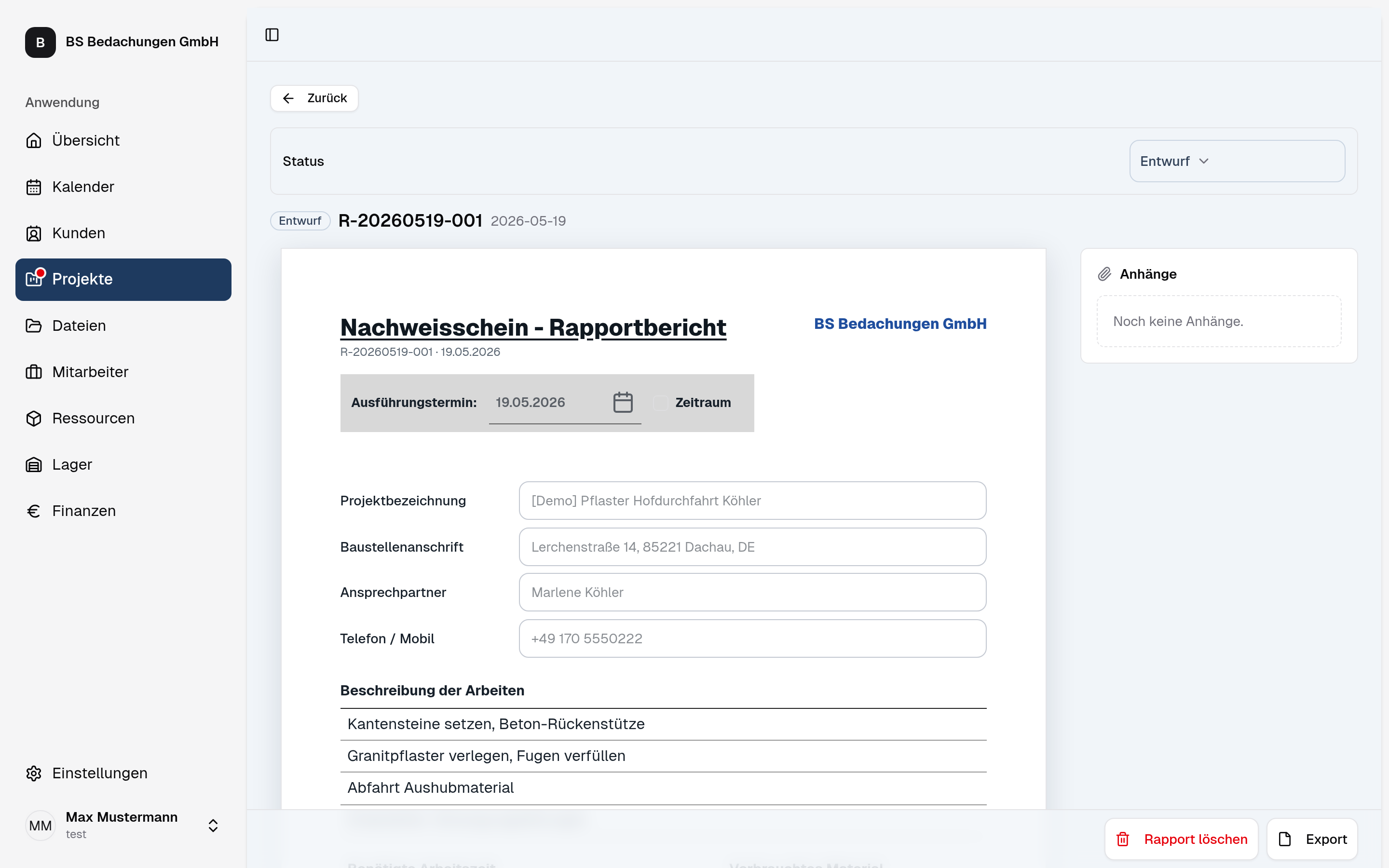 Rapportbericht im A4-Editor mit Briefkopf des Betriebs, Arbeitsbeschreibung und PDF-Export.