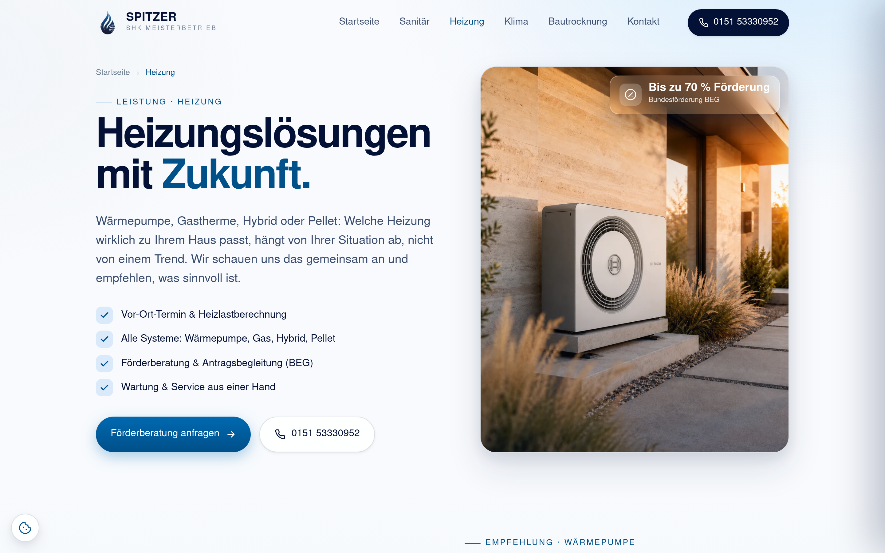 Leistungsseite Heizung: Wärmepumpe, Gas, Hybrid oder Pellet mit Förderberatung nach BEG.