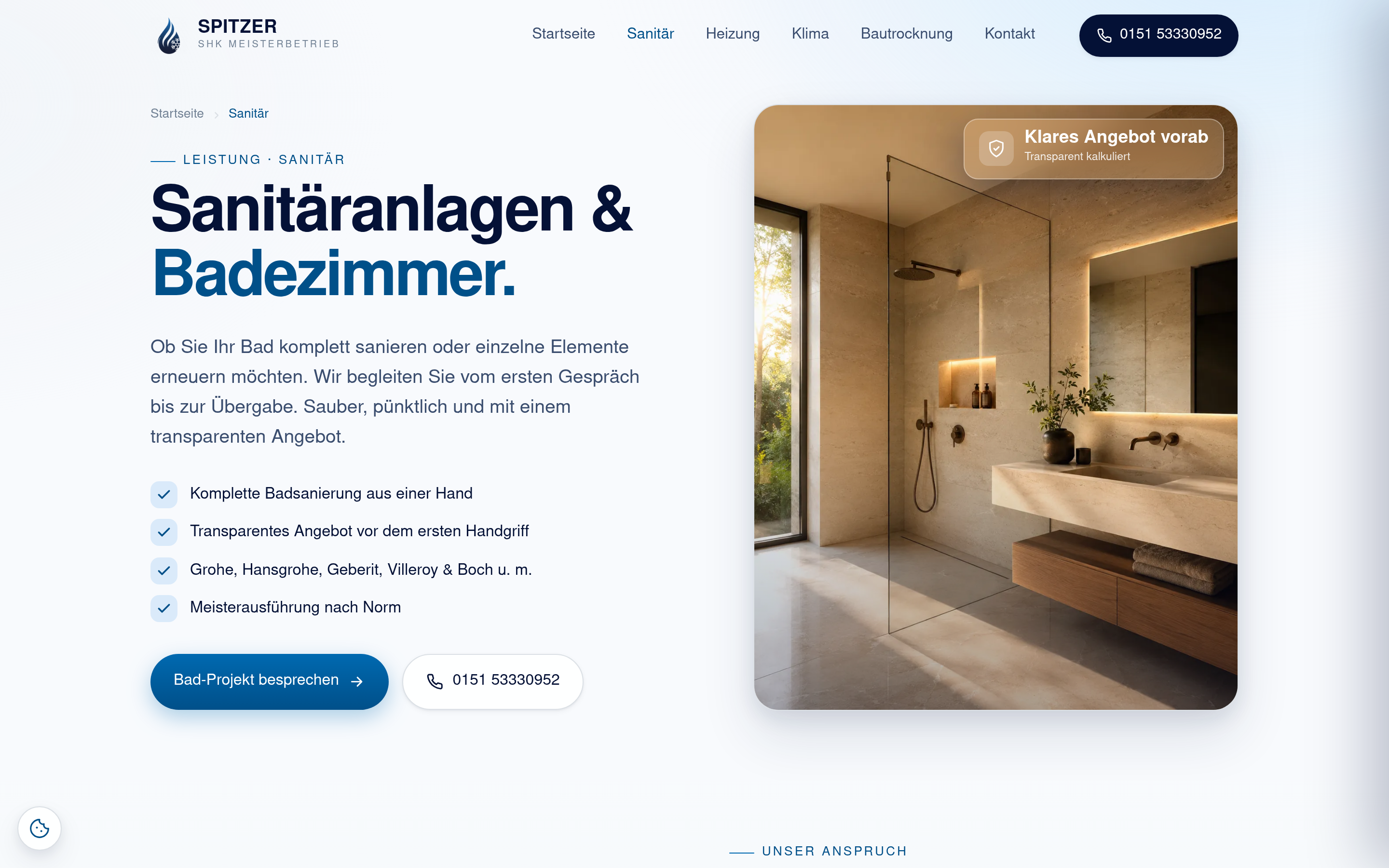 Leistungsseite Sanitär: Badsanierung aus einer Hand mit transparentem Angebot und Markenherstellern.
