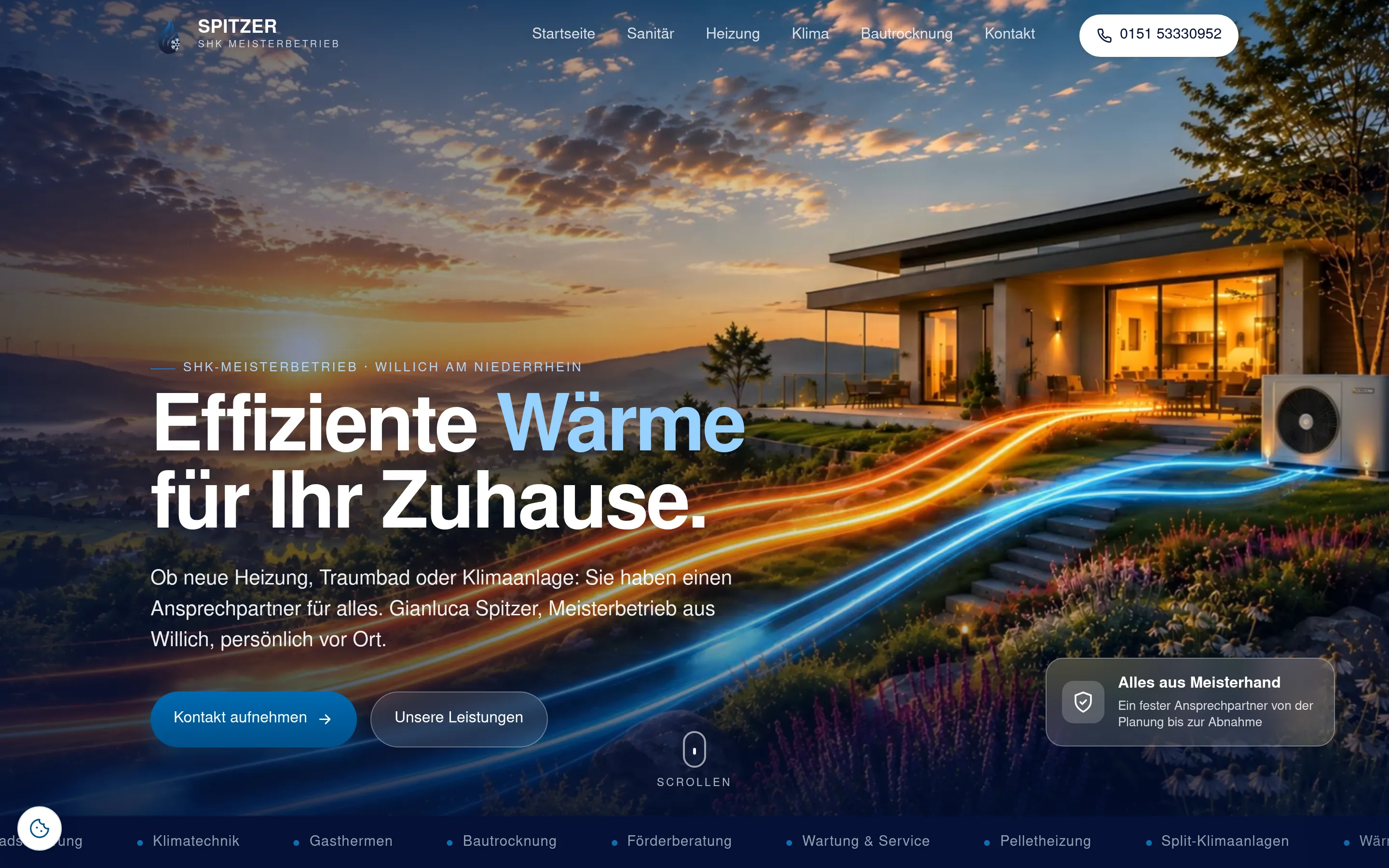 Startseite der Website: SHK-Meisterbetrieb Spitzer aus Willich mit Leistungen von Heizung bis Bautrocknung.