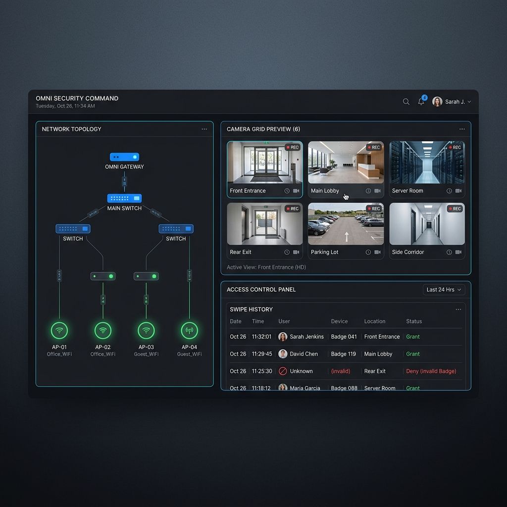 UniFi Site Manager Dashboard mit Statusübergaben für Gateways, Switches und Access Points sowie verbundenen IP-Kameras.