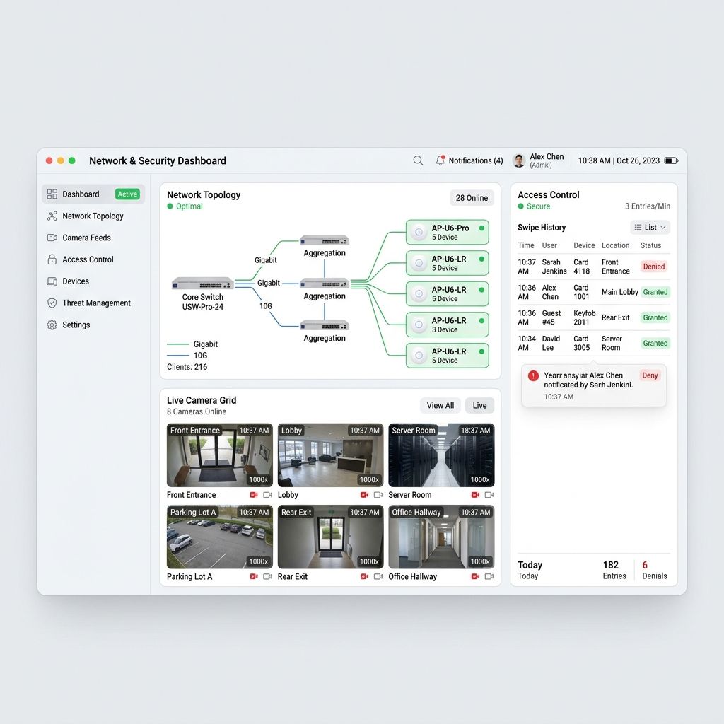 UniFi Site Manager Dashboard mit Statusübergaben für Gateways, Switches und Access Points sowie verbundenen IP-Kameras.
