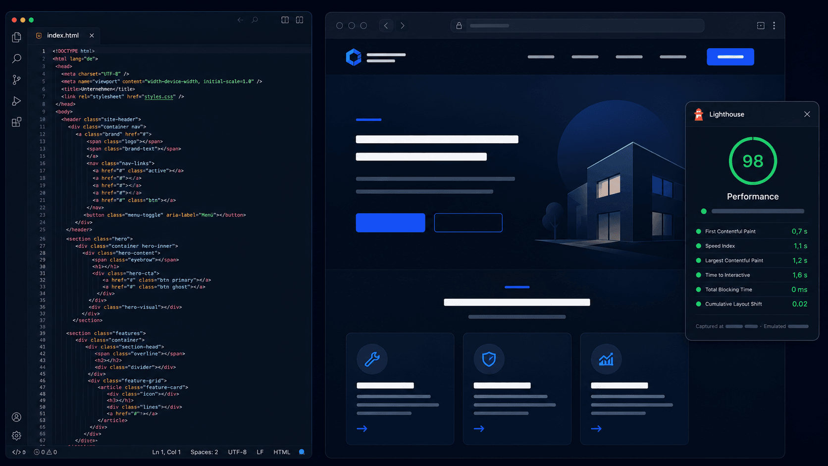Code-Editor mit HTML-Quelltext neben der fertig gerenderten Unternehmens-Webseite, Lighthouse-Report mit Performance-Wert 98.