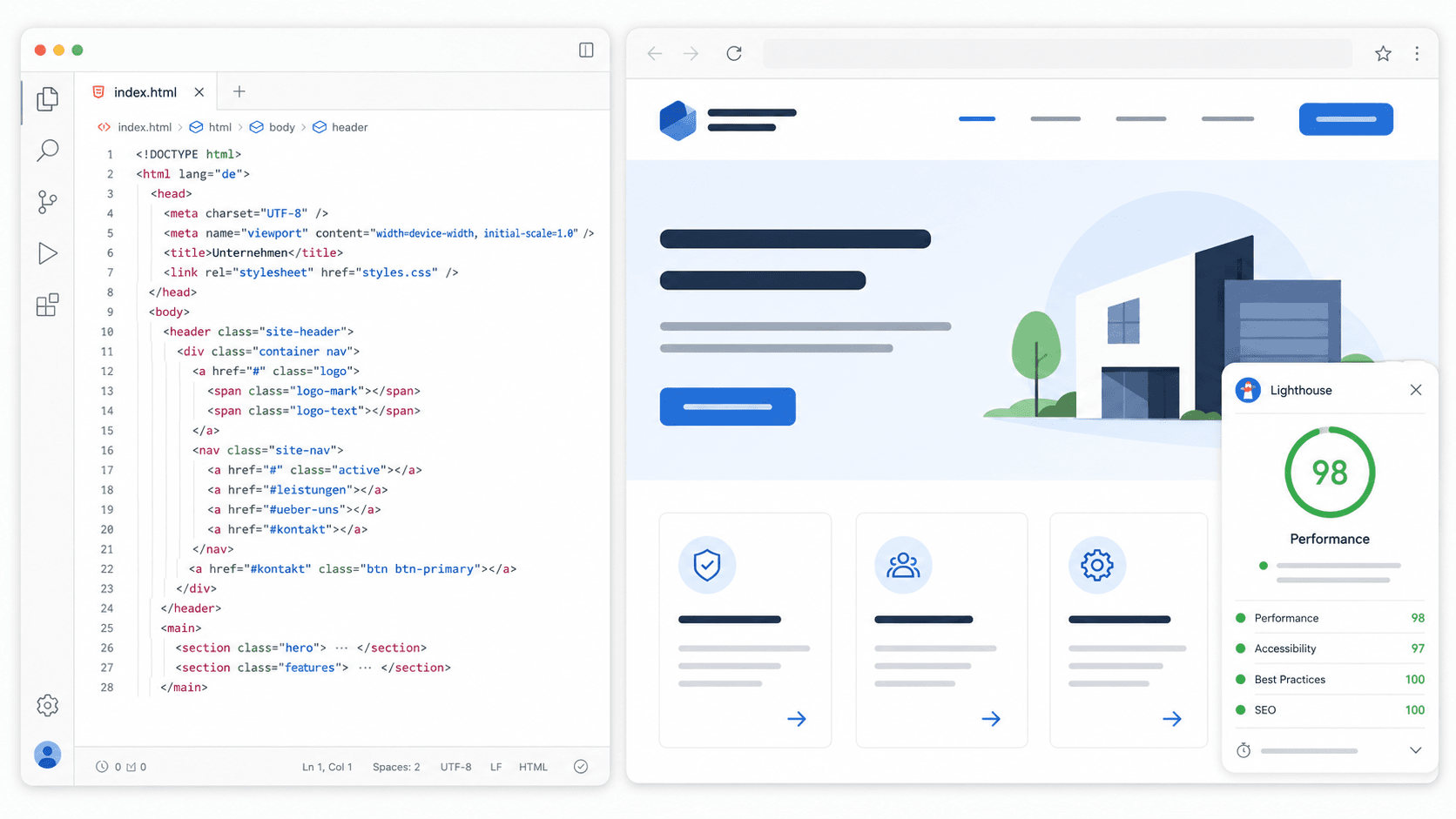Code-Editor mit HTML-Quelltext neben der fertig gerenderten Unternehmens-Webseite, Lighthouse-Report mit Performance-Wert 98.